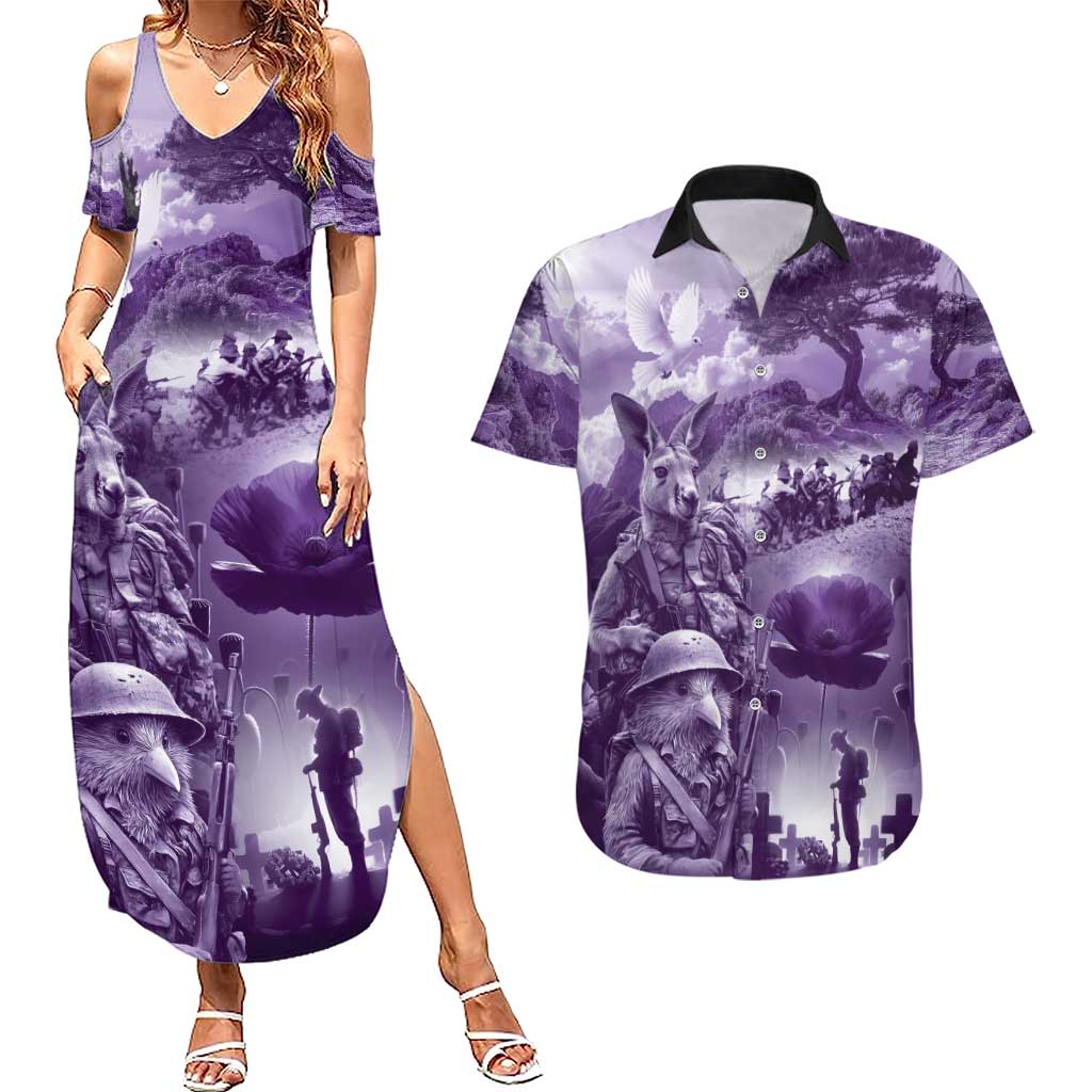 Purple ANZAC Day The Battle of Lone Pine Couples Matching Summer Maxi Dress and Hawaiian Shirt Kiwi-Kangaroo Soldier Lest We Forget LT9 Purple - Polynesian Pride