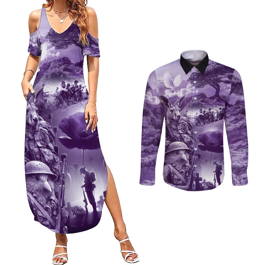 Purple ANZAC Day The Battle of Lone Pine Couples Matching Summer Maxi Dress and Long Sleeve Button Shirt Kiwi-Kangaroo Soldier Lest We Forget LT9 Purple - Polynesian Pride