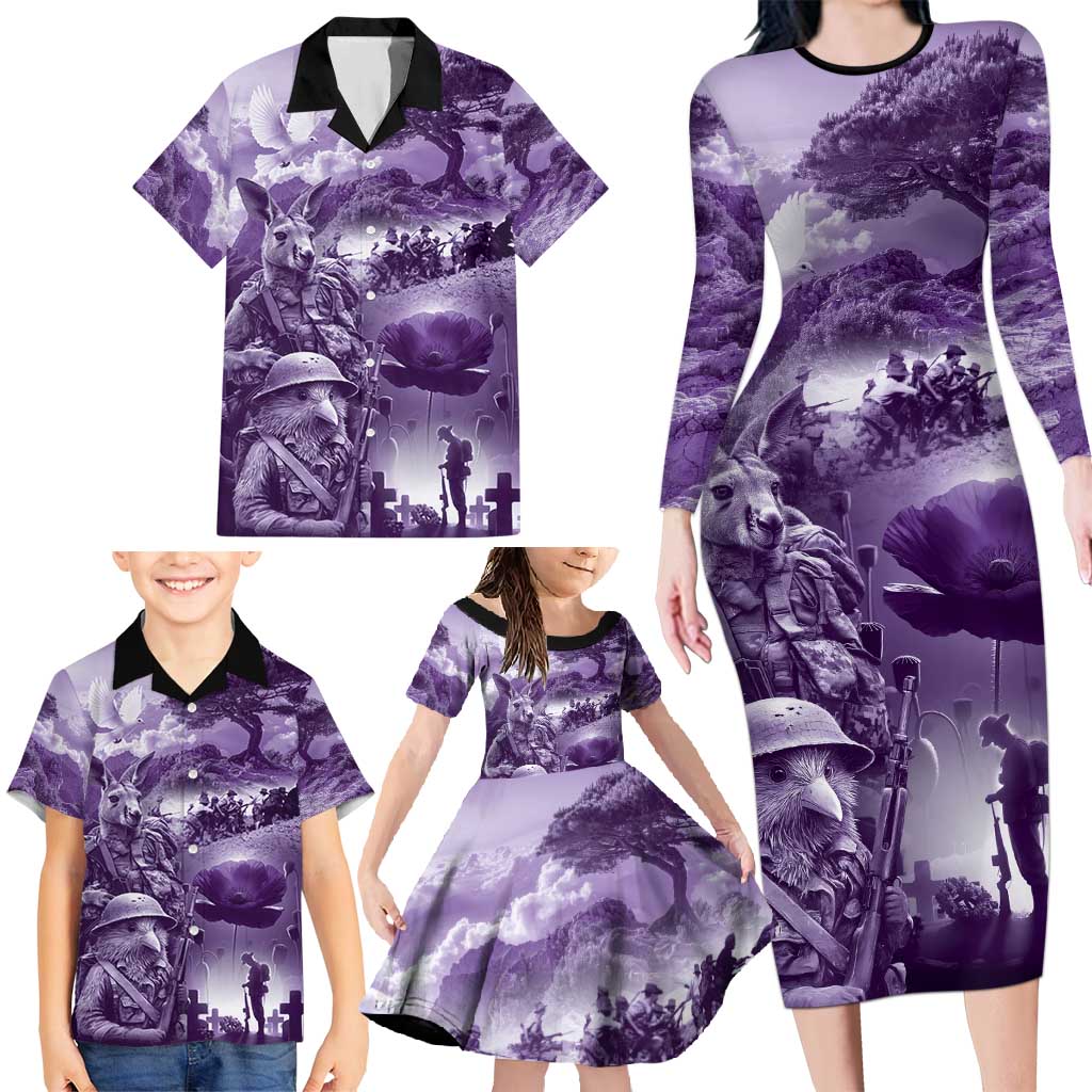 Purple ANZAC Day The Battle of Lone Pine Family Matching Long Sleeve Bodycon Dress and Hawaiian Shirt Kiwi-Kangaroo Soldier Lest We Forget LT9 - Polynesian Pride
