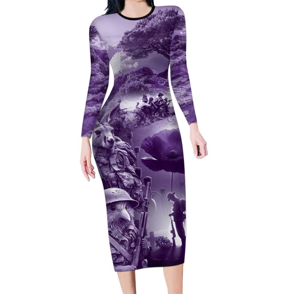 Purple ANZAC Day The Battle of Lone Pine Family Matching Long Sleeve Bodycon Dress and Hawaiian Shirt Kiwi-Kangaroo Soldier Lest We Forget LT9 Mom's Dress Purple - Polynesian Pride