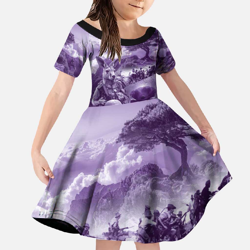 Purple ANZAC Day The Battle of Lone Pine Family Matching Mermaid Dress and Hawaiian Shirt Kiwi-Kangaroo Soldier Lest We Forget LT9 Daughter's Dress Purple - Polynesian Pride