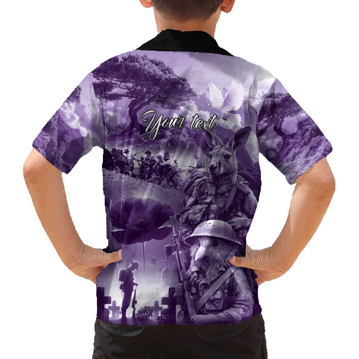 Purple ANZAC Day The Battle of Lone Pine Family Matching Off The Shoulder Long Sleeve Dress and Hawaiian Shirt Kiwi-Kangaroo Soldier Lest We Forget LT9 - Polynesian Pride