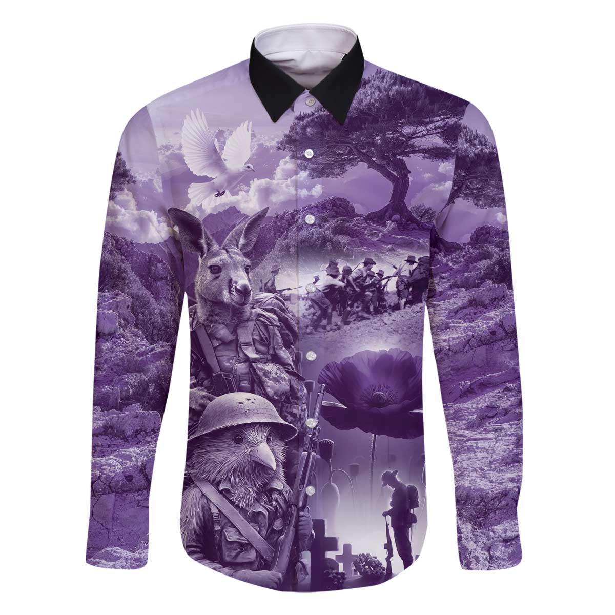 Purple ANZAC Day The Battle of Lone Pine Family Matching Off The Shoulder Long Sleeve Dress and Hawaiian Shirt Kiwi-Kangaroo Soldier Lest We Forget LT9 Dad's Shirt - Long Sleeve Purple - Polynesian Pride
