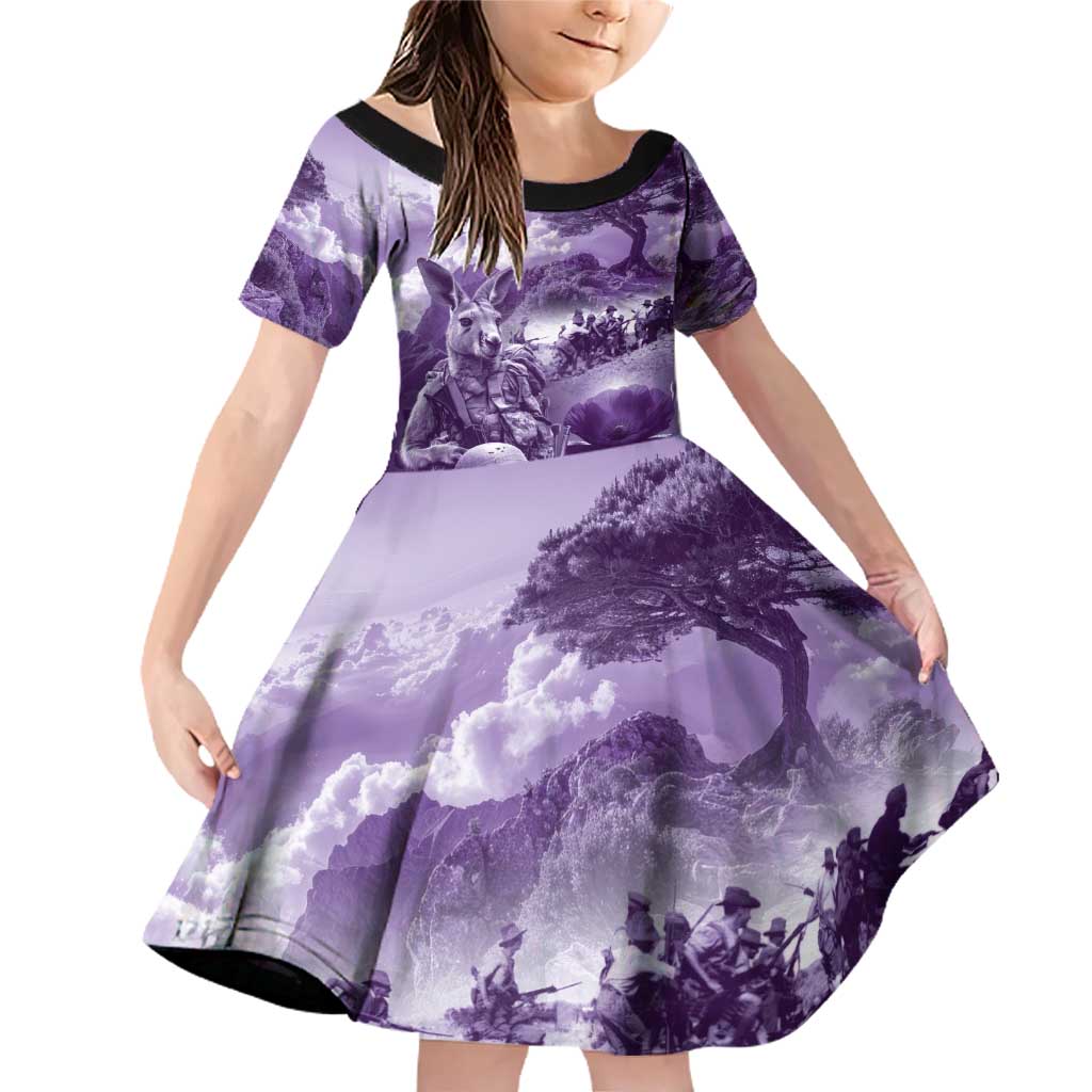 Purple ANZAC Day The Battle of Lone Pine Family Matching Off Shoulder Short Dress and Hawaiian Shirt Kiwi-Kangaroo Soldier Lest We Forget LT9 Daughter's Dress Purple - Polynesian Pride