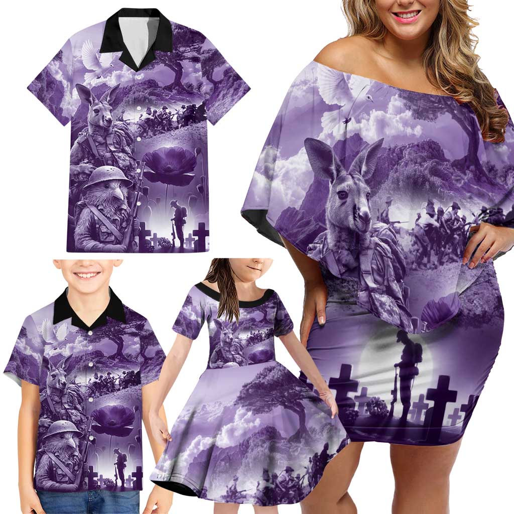 Purple ANZAC Day The Battle of Lone Pine Family Matching Off Shoulder Short Dress and Hawaiian Shirt Kiwi-Kangaroo Soldier Lest We Forget LT9 - Polynesian Pride