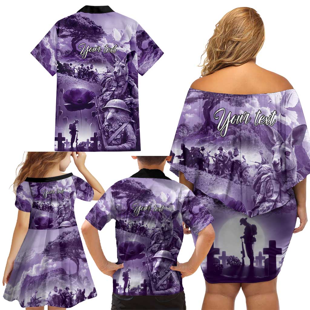 Purple ANZAC Day The Battle of Lone Pine Family Matching Off Shoulder Short Dress and Hawaiian Shirt Kiwi-Kangaroo Soldier Lest We Forget LT9 - Polynesian Pride