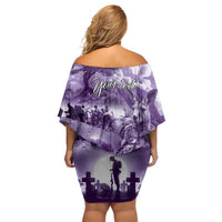 Purple ANZAC Day The Battle of Lone Pine Family Matching Off Shoulder Short Dress and Hawaiian Shirt Kiwi-Kangaroo Soldier Lest We Forget LT9 - Polynesian Pride