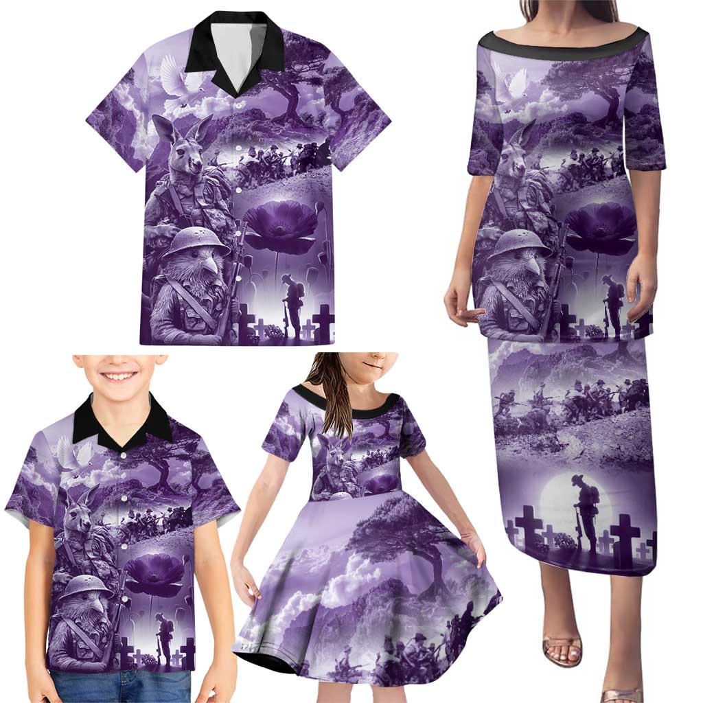 Purple ANZAC Day The Battle of Lone Pine Family Matching Puletasi and Hawaiian Shirt Kiwi-Kangaroo Soldier Lest We Forget LT9 - Polynesian Pride