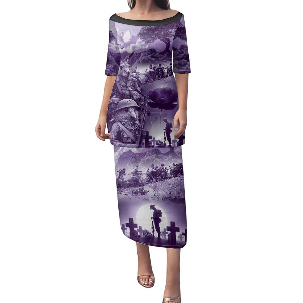 Purple ANZAC Day The Battle of Lone Pine Family Matching Puletasi and Hawaiian Shirt Kiwi-Kangaroo Soldier Lest We Forget LT9 Mom's Dress Purple - Polynesian Pride