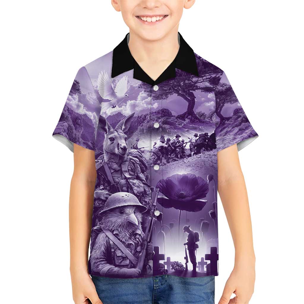 Purple ANZAC Day The Battle of Lone Pine Family Matching Puletasi and Hawaiian Shirt Kiwi-Kangaroo Soldier Lest We Forget LT9 Son's Shirt Purple - Polynesian Pride