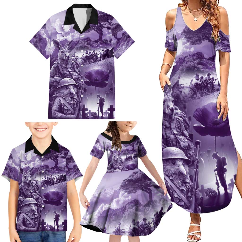Purple ANZAC Day The Battle of Lone Pine Family Matching Summer Maxi Dress and Hawaiian Shirt Kiwi-Kangaroo Soldier Lest We Forget LT9 - Polynesian Pride