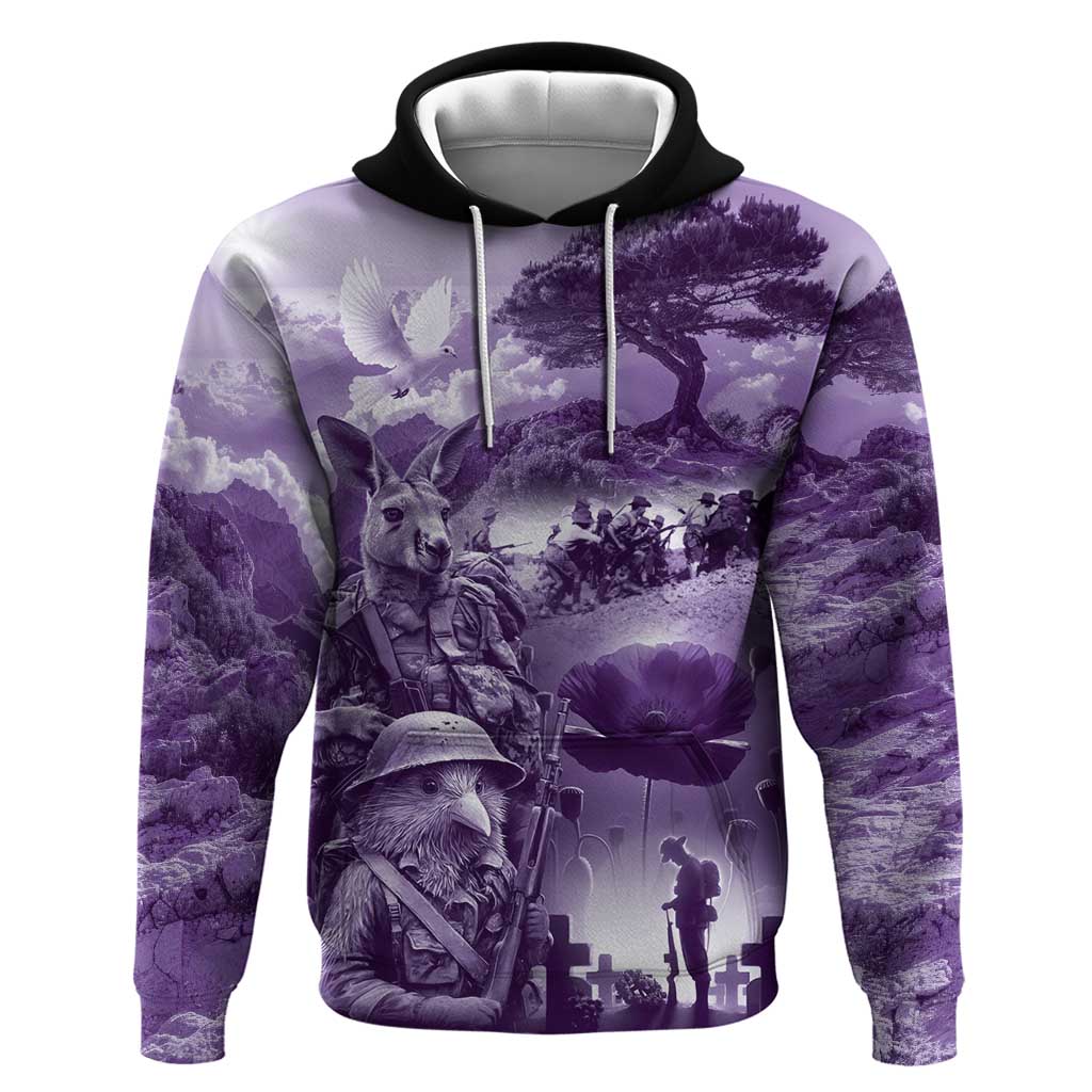 Purple ANZAC Day The Battle of Lone Pine Hoodie Kiwi-Kangaroo Soldier Lest We Forget LT9 Pullover Hoodie Purple - Polynesian Pride