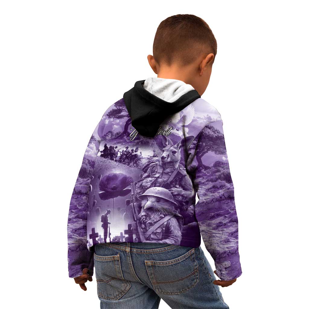 Purple ANZAC Day The Battle of Lone Pine Kid Hoodie Kiwi-Kangaroo Soldier Lest We Forget LT9 - Polynesian Pride