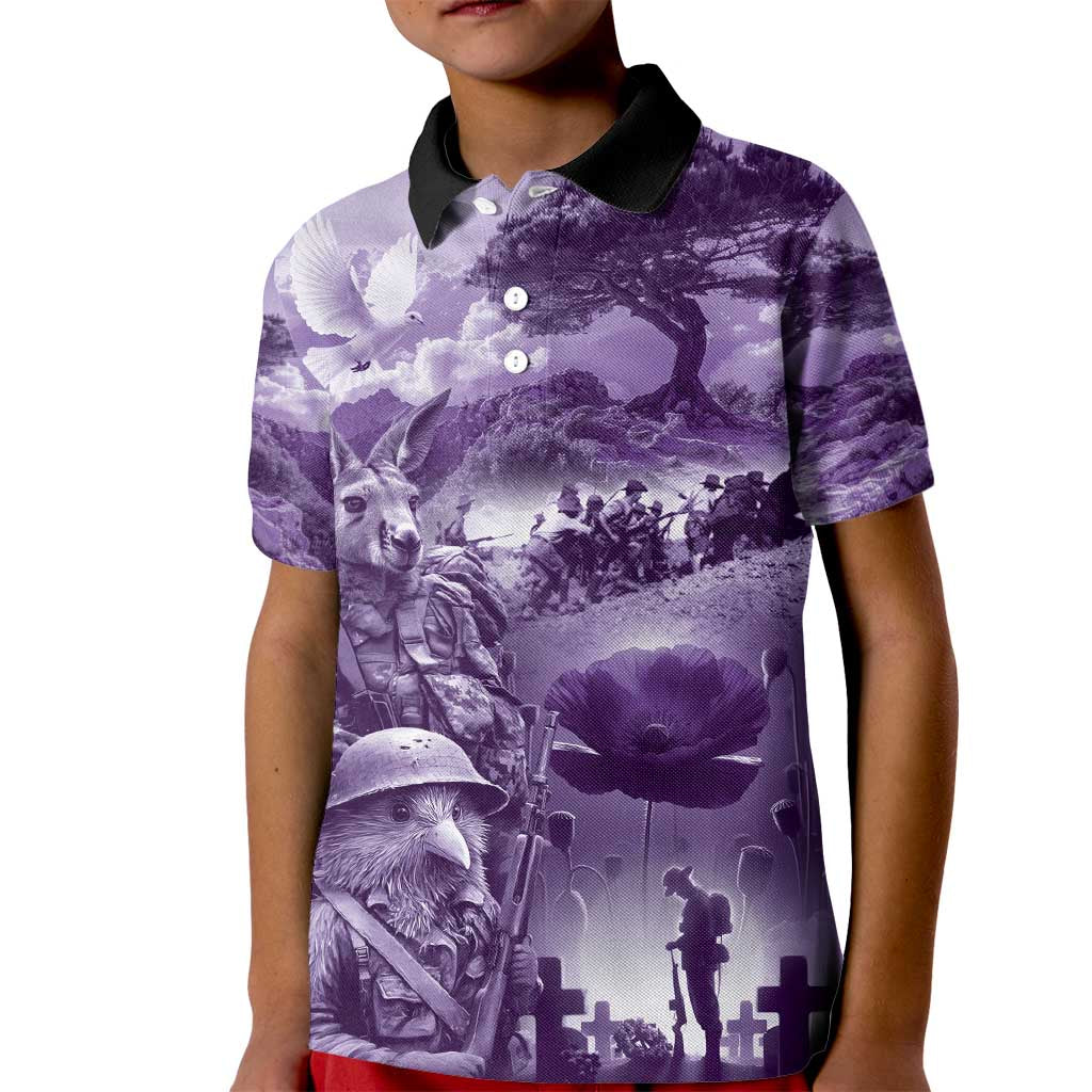 Purple ANZAC Day The Battle of Lone Pine Kid Polo Shirt Kiwi-Kangaroo Soldier Lest We Forget LT9 Kid Purple - Polynesian Pride