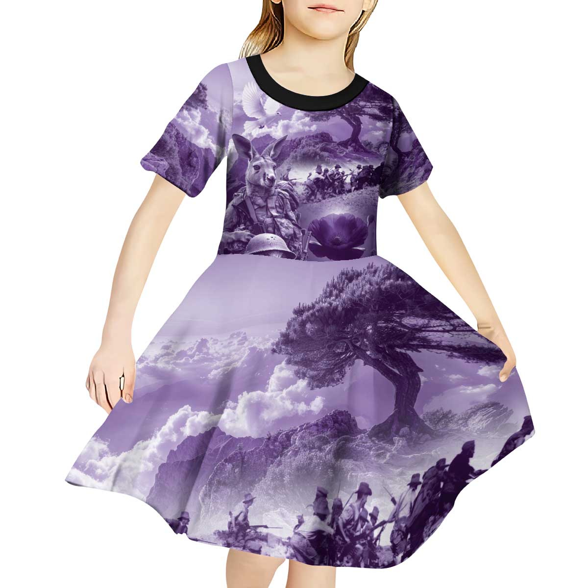 Purple ANZAC Day The Battle of Lone Pine Kid Short Sleeve Dress Kiwi-Kangaroo Soldier Lest We Forget LT9 - Polynesian Pride