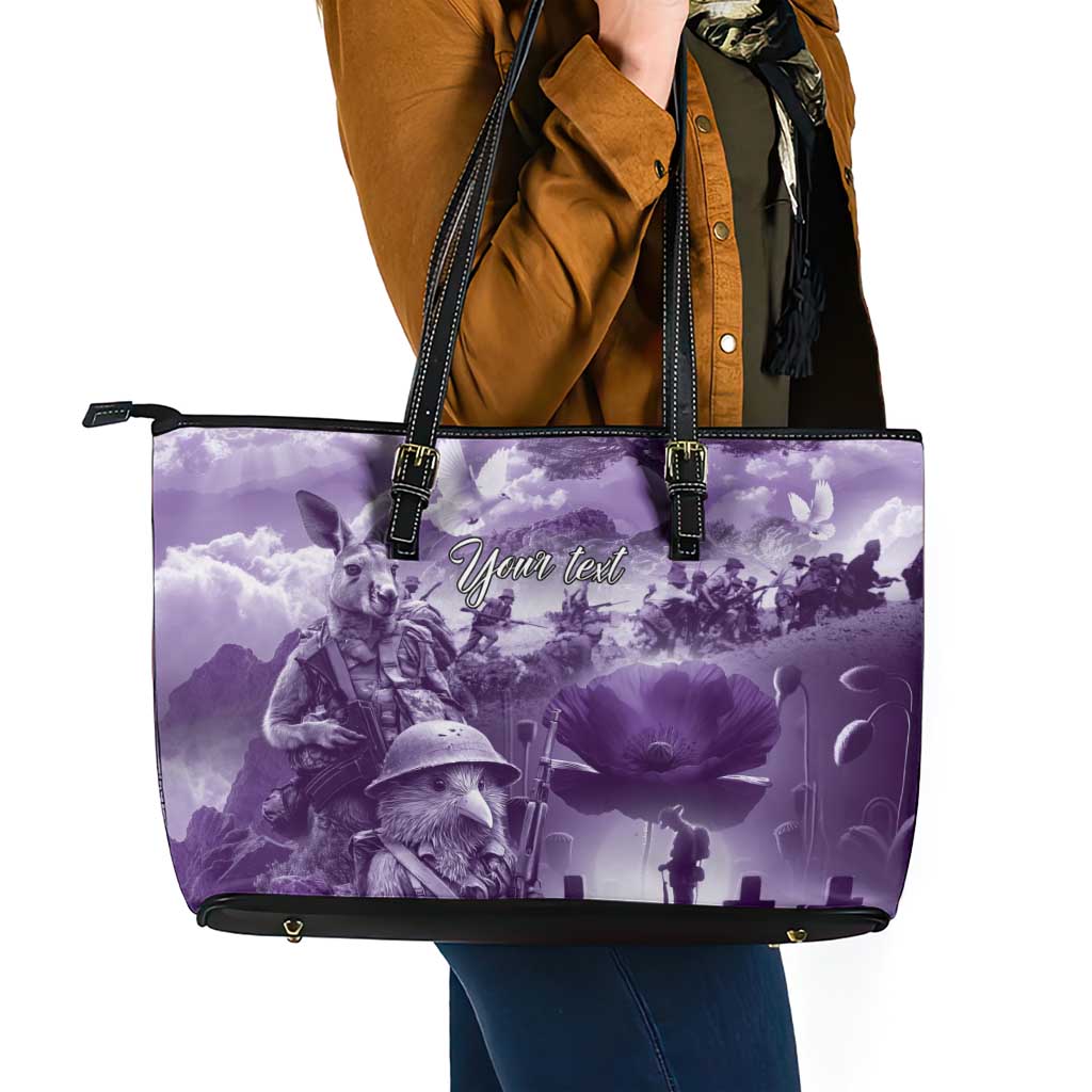 Purple ANZAC Day The Battle of Lone Pine Leather Tote Bag Kiwi-Kangaroo Soldier Lest We Forget LT9 - Polynesian Pride