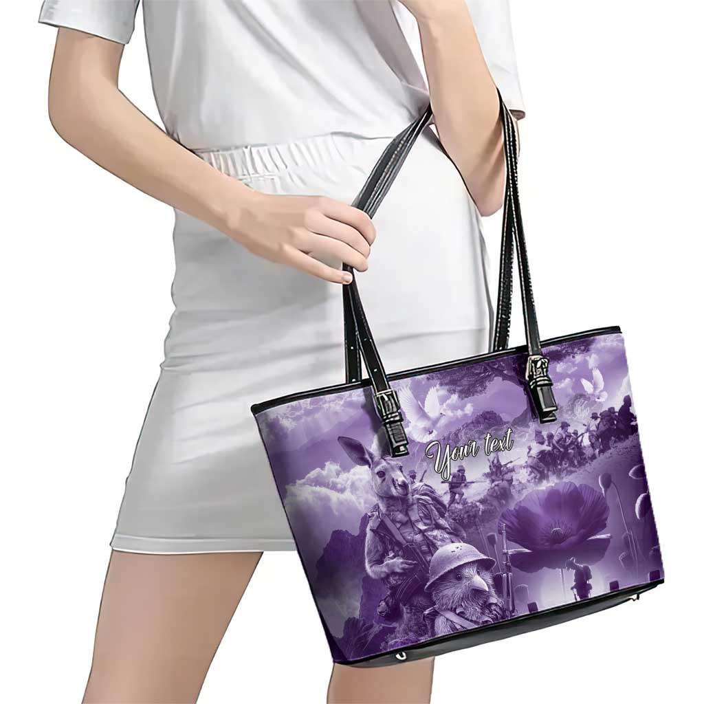 Purple ANZAC Day The Battle of Lone Pine Leather Tote Bag Kiwi-Kangaroo Soldier Lest We Forget LT9 - Polynesian Pride