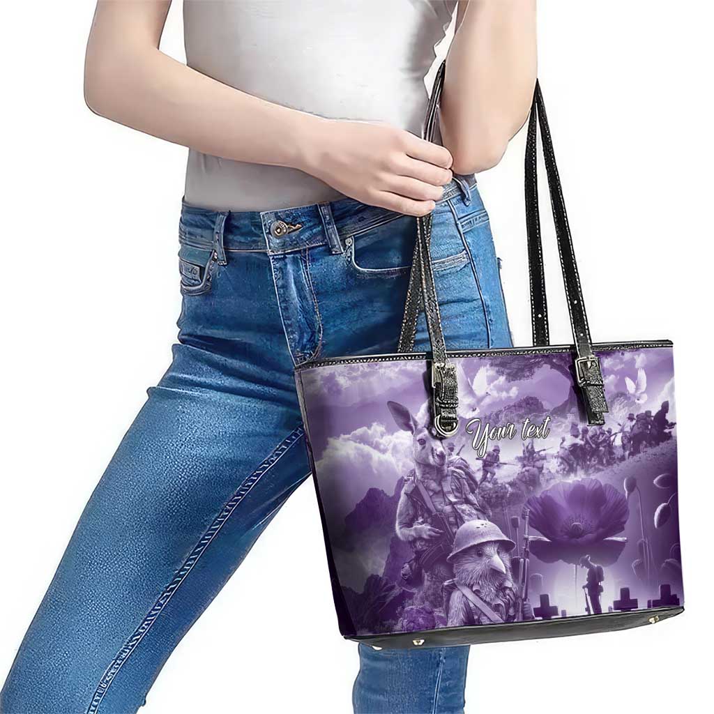 Purple ANZAC Day The Battle of Lone Pine Leather Tote Bag Kiwi-Kangaroo Soldier Lest We Forget LT9 - Polynesian Pride