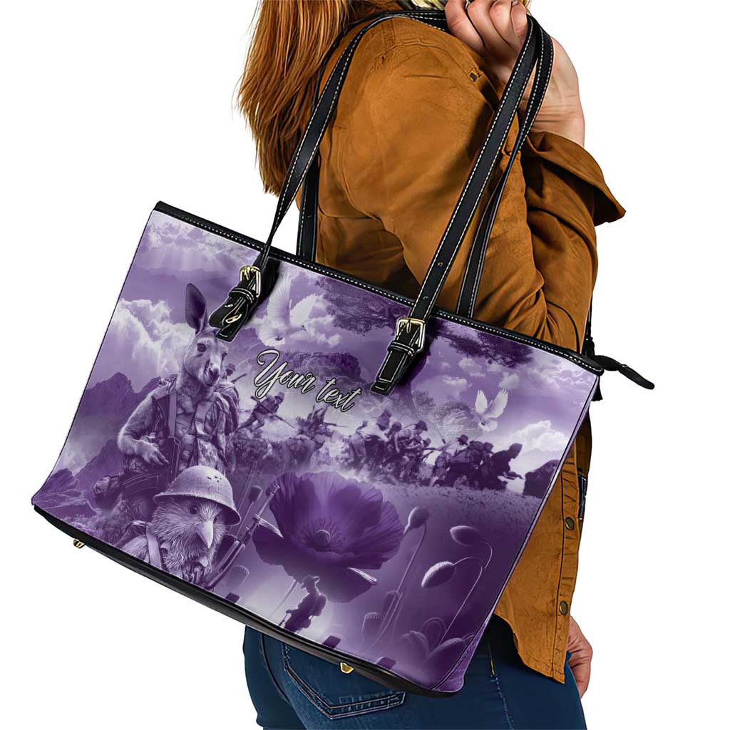 Purple ANZAC Day The Battle of Lone Pine Leather Tote Bag Kiwi-Kangaroo Soldier Lest We Forget LT9 - Polynesian Pride