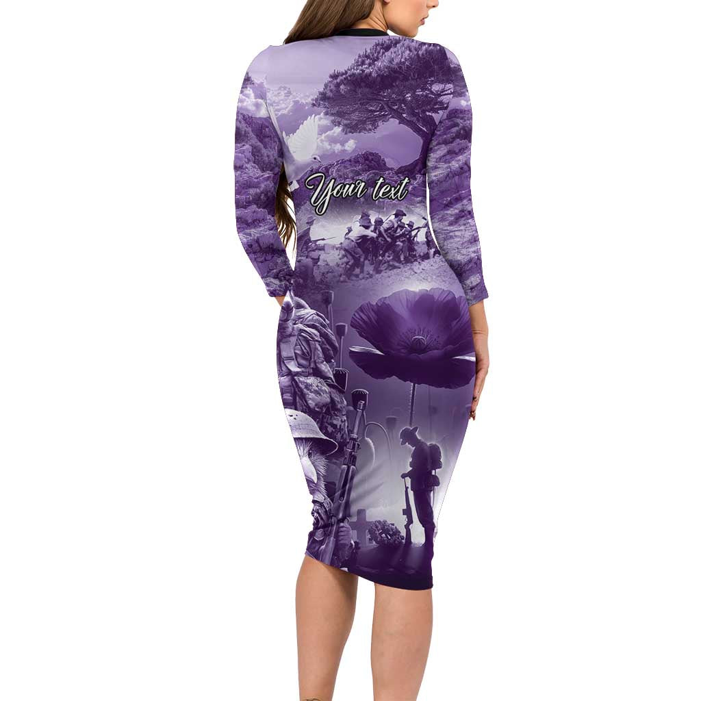 Purple ANZAC Day The Battle of Lone Pine Long Sleeve Bodycon Dress Kiwi-Kangaroo Soldier Lest We Forget LT9 - Polynesian Pride