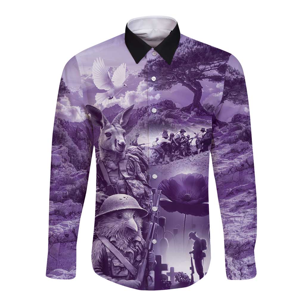 Purple ANZAC Day The Battle of Lone Pine Long Sleeve Button Shirt Kiwi-Kangaroo Soldier Lest We Forget LT9 Unisex Purple - Polynesian Pride
