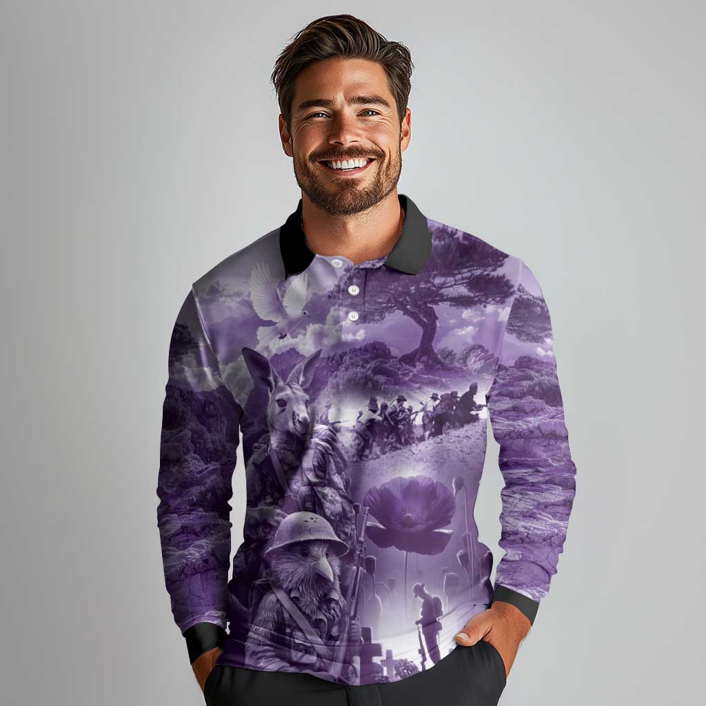 Purple ANZAC Day The Battle of Lone Pine Long Sleeve Polo Shirt Kiwi-Kangaroo Soldier Lest We Forget LT9 - Polynesian Pride