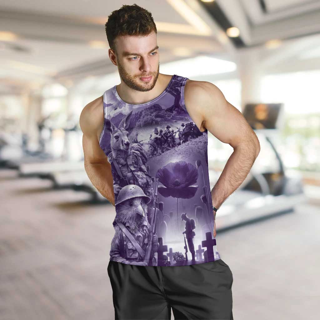 Purple ANZAC Day The Battle of Lone Pine Men Tank Top Kiwi-Kangaroo Soldier Lest We Forget LT9 Purple - Polynesian Pride
