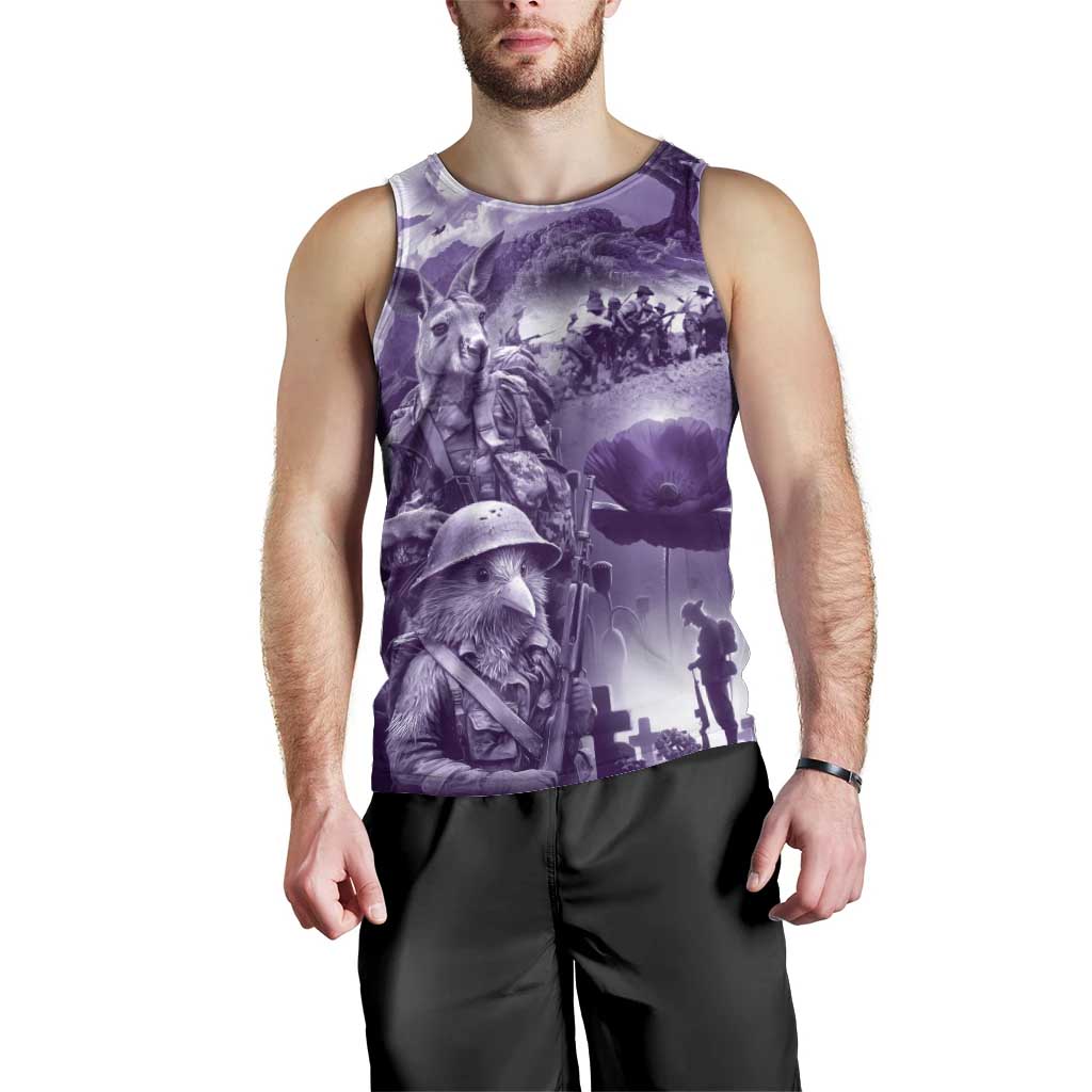 Purple ANZAC Day The Battle of Lone Pine Men Tank Top Kiwi-Kangaroo Soldier Lest We Forget LT9 - Polynesian Pride