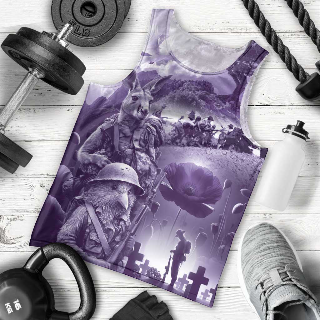 Purple ANZAC Day The Battle of Lone Pine Men Tank Top Kiwi-Kangaroo Soldier Lest We Forget LT9 - Polynesian Pride
