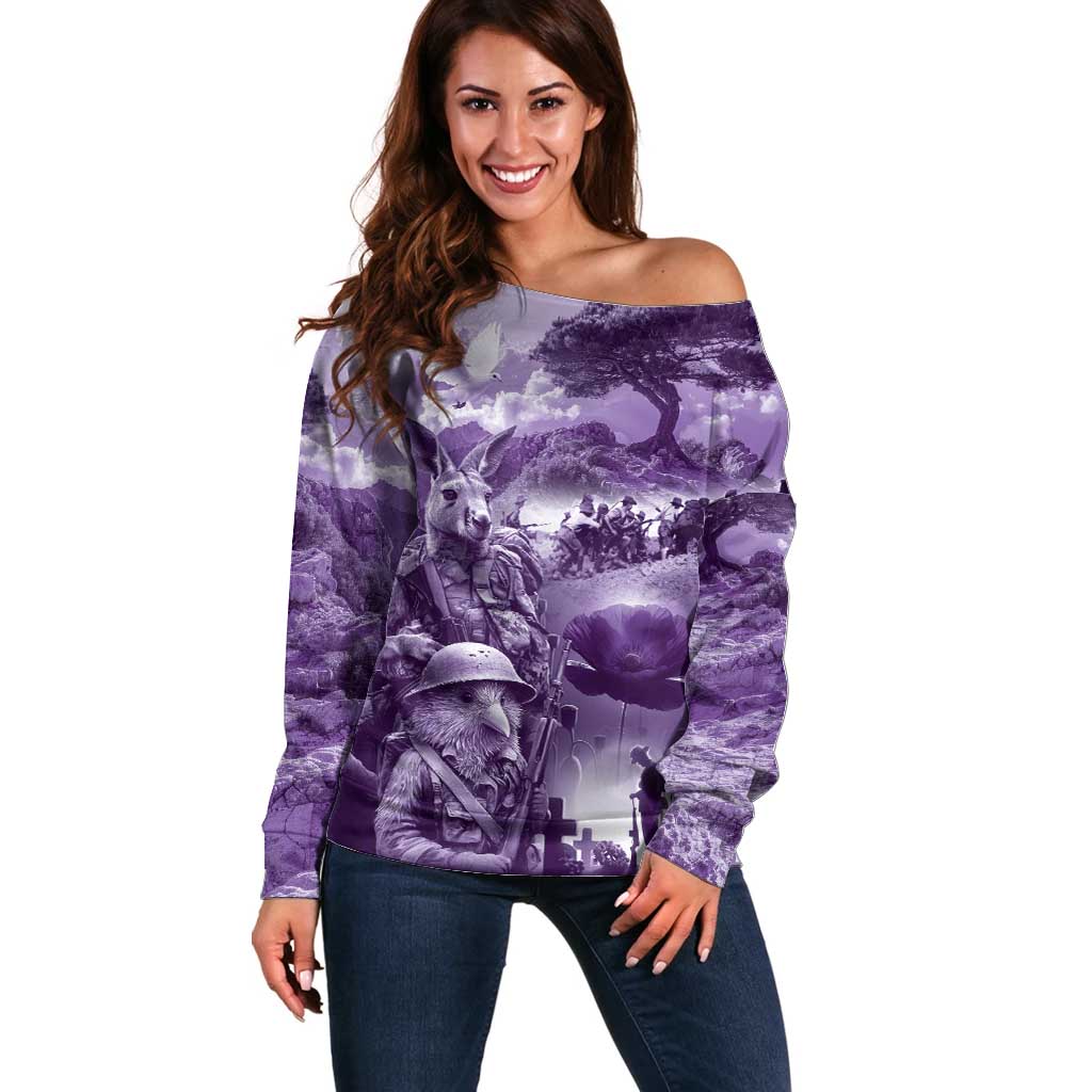 Purple ANZAC Day The Battle of Lone Pine Off Shoulder Sweater Kiwi-Kangaroo Soldier Lest We Forget LT9 Women Purple - Polynesian Pride