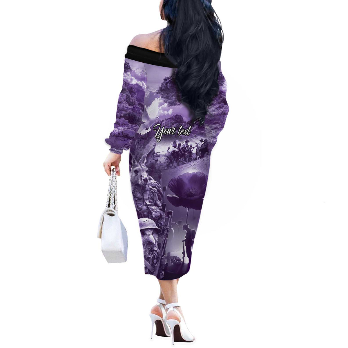 Purple ANZAC Day The Battle of Lone Pine Off The Shoulder Long Sleeve Dress Kiwi-Kangaroo Soldier Lest We Forget LT9 - Polynesian Pride