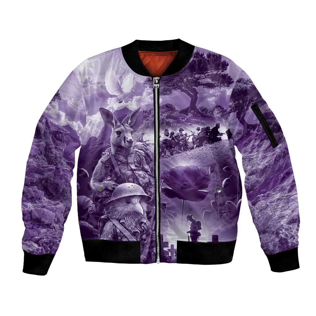 Purple ANZAC Day The Battle of Lone Pine Sleeve Zip Bomber Jacket Kiwi-Kangaroo Soldier Lest We Forget LT9 Unisex Purple - Polynesian Pride