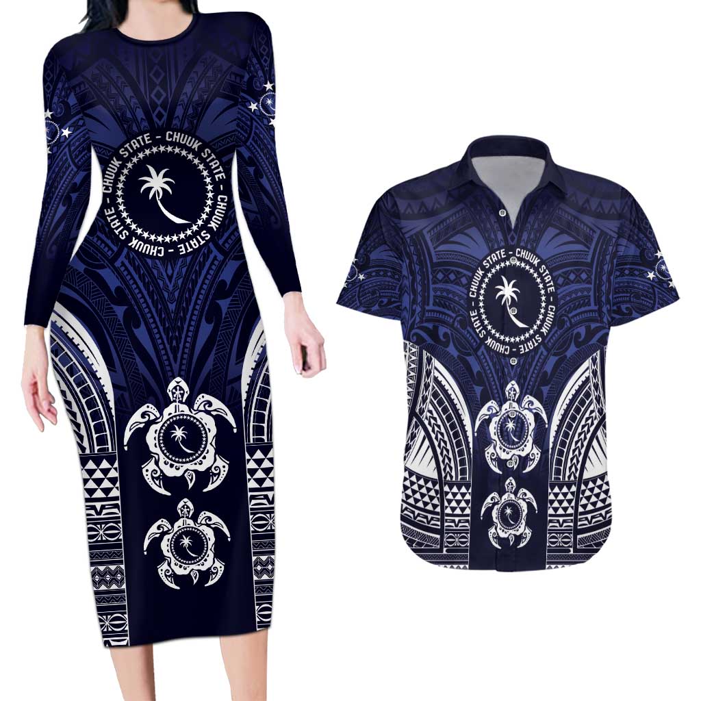FSM Chuuk States Couples Matching Long Sleeve Bodycon Dress and Hawaiian Shirt Micronesia Six 9 One Polynesian Tribal Pattern LT9 Blue - Polynesian Pride