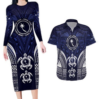 FSM Chuuk States Couples Matching Long Sleeve Bodycon Dress and Hawaiian Shirt Micronesia Six 9 One Polynesian Tribal Pattern LT9 Blue - Polynesian Pride