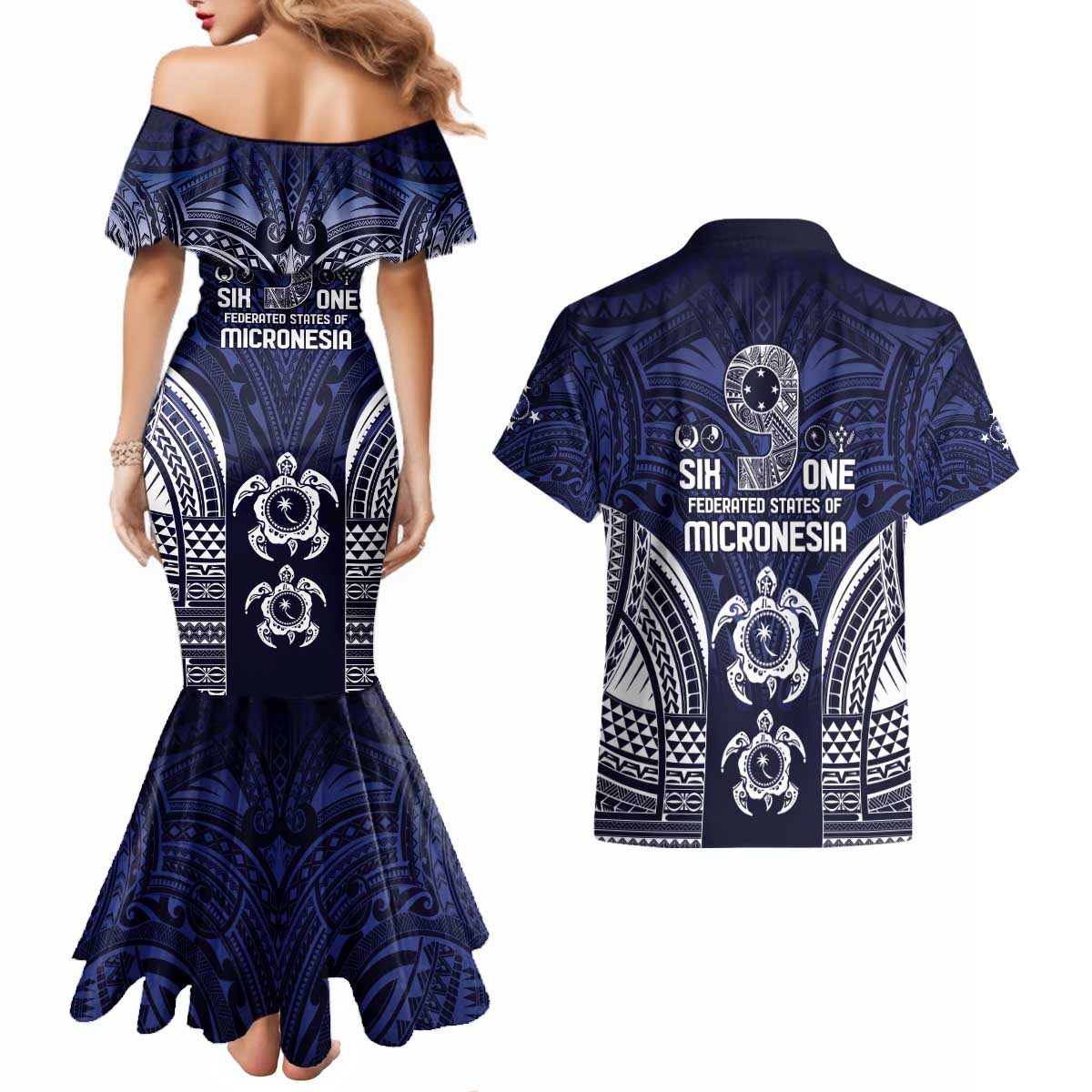 FSM Chuuk States Couples Matching Mermaid Dress and Hawaiian Shirt Micronesia Six 9 One Polynesian Tribal Pattern LT9 - Polynesian Pride