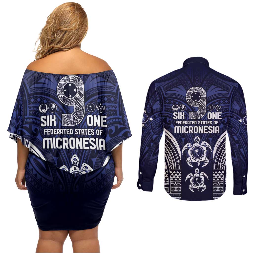 FSM Chuuk States Couples Matching Off Shoulder Short Dress and Long Sleeve Button Shirt Micronesia Six 9 One Polynesian Tribal Pattern