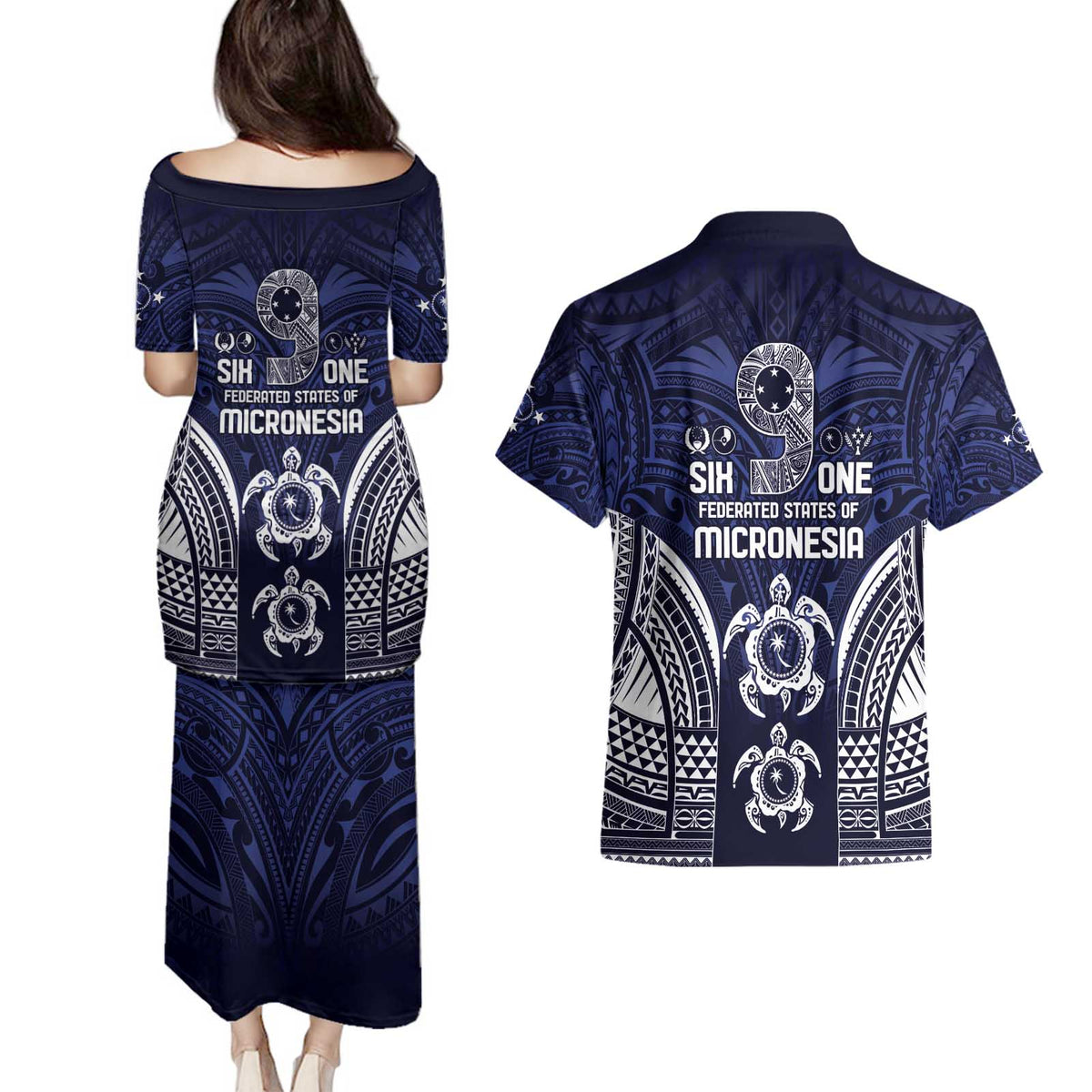 FSM Chuuk States Couples Matching Puletasi and Hawaiian Shirt Micronesia Six 9 One Polynesian Tribal Pattern