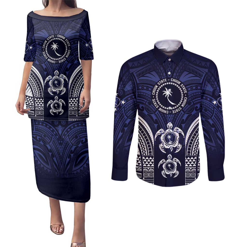 FSM Chuuk States Couples Matching Puletasi and Long Sleeve Button Shirt Micronesia Six 9 One Polynesian Tribal Pattern