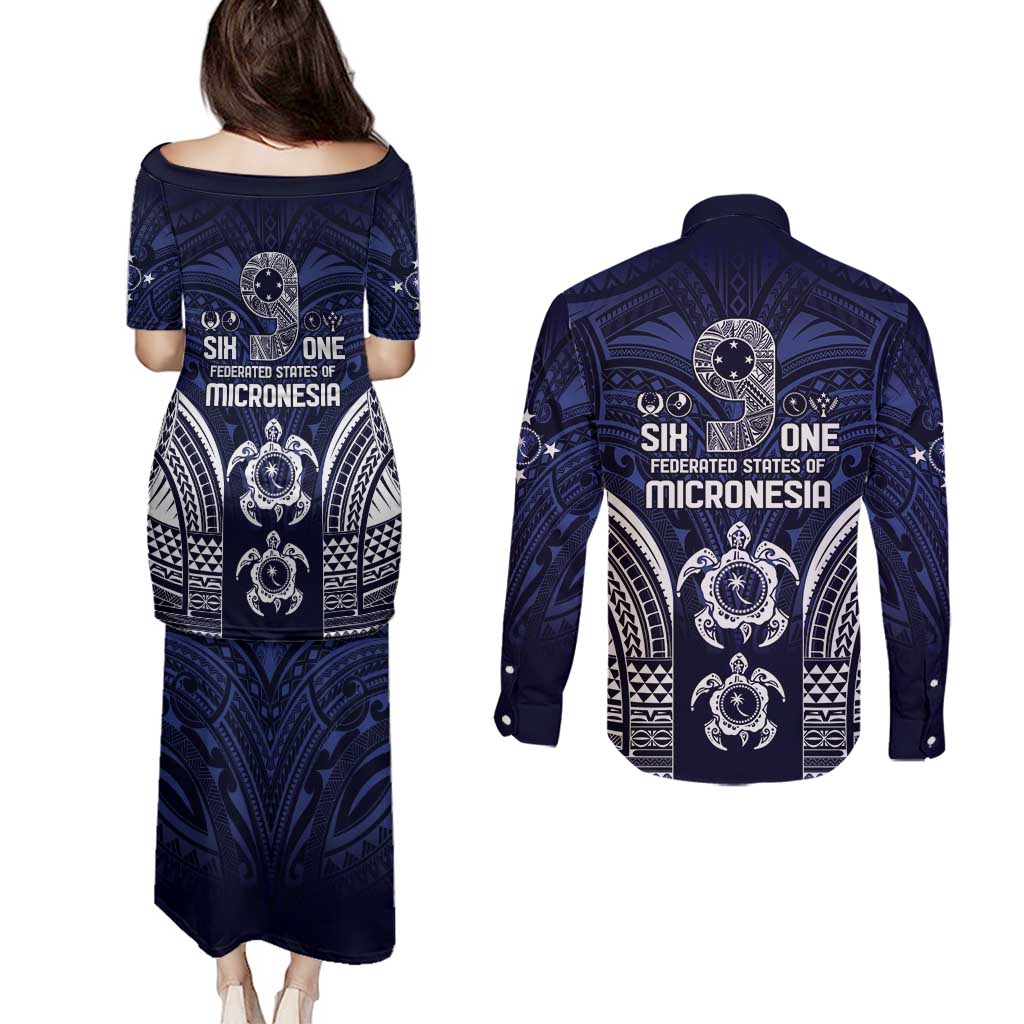 FSM Chuuk States Couples Matching Puletasi and Long Sleeve Button Shirt Micronesia Six 9 One Polynesian Tribal Pattern