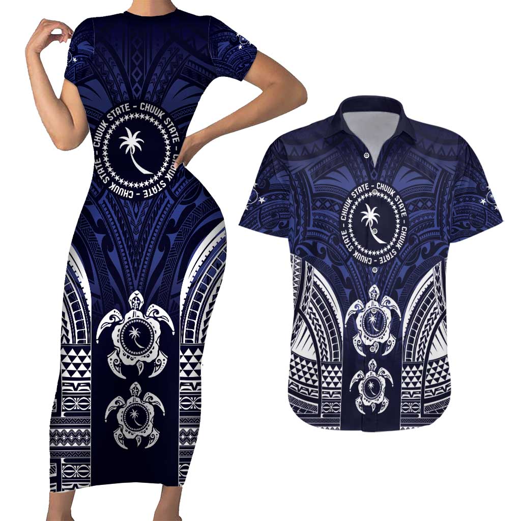 FSM Chuuk States Couples Matching Short Sleeve Bodycon Dress and Hawaiian Shirt Micronesia Six 9 One Polynesian Tribal Pattern LT9 Blue - Polynesian Pride