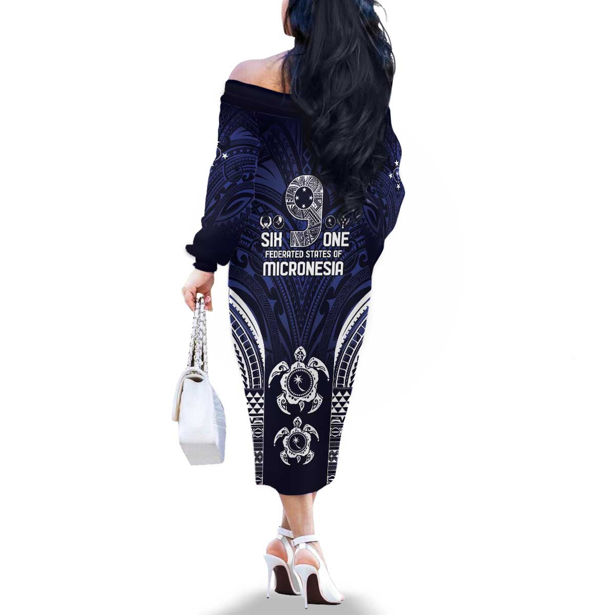 FSM Chuuk States Family Matching Off The Shoulder Long Sleeve Dress and Hawaiian Shirt Micronesia Six 9 One Polynesian Tribal Pattern LT9 - Polynesian Pride