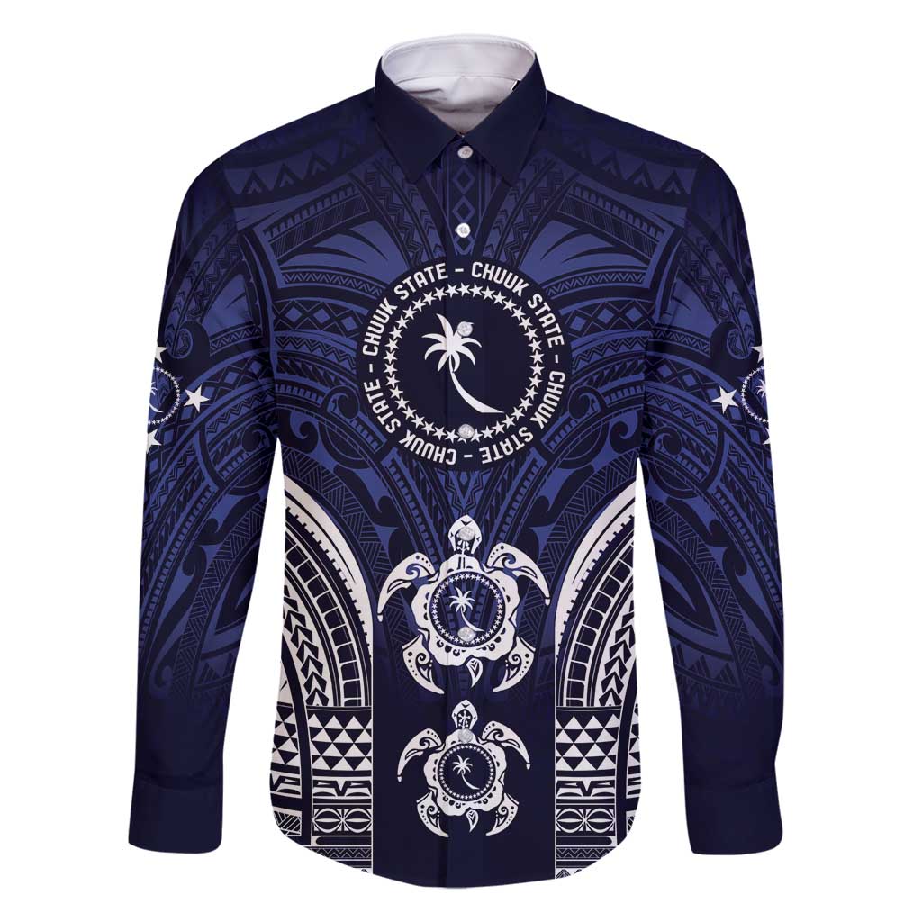 FSM Chuuk States Family Matching Off Shoulder Maxi Dress and Hawaiian Shirt Micronesia Six 9 One Polynesian Tribal Pattern LT9 Dad's Shirt - Long Sleeve Blue - Polynesian Pride