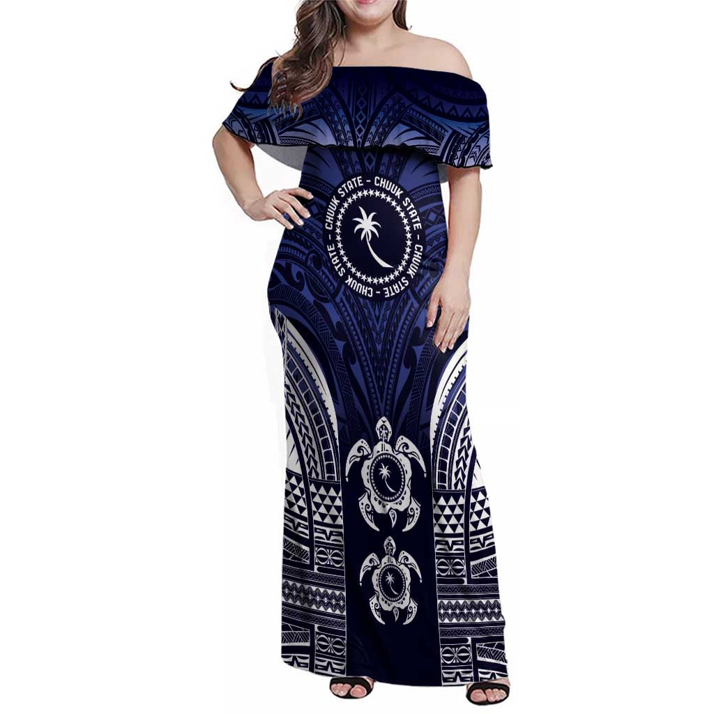 FSM Chuuk States Family Matching Off Shoulder Maxi Dress and Hawaiian Shirt Micronesia Six 9 One Polynesian Tribal Pattern LT9 Mom's Dress Blue - Polynesian Pride