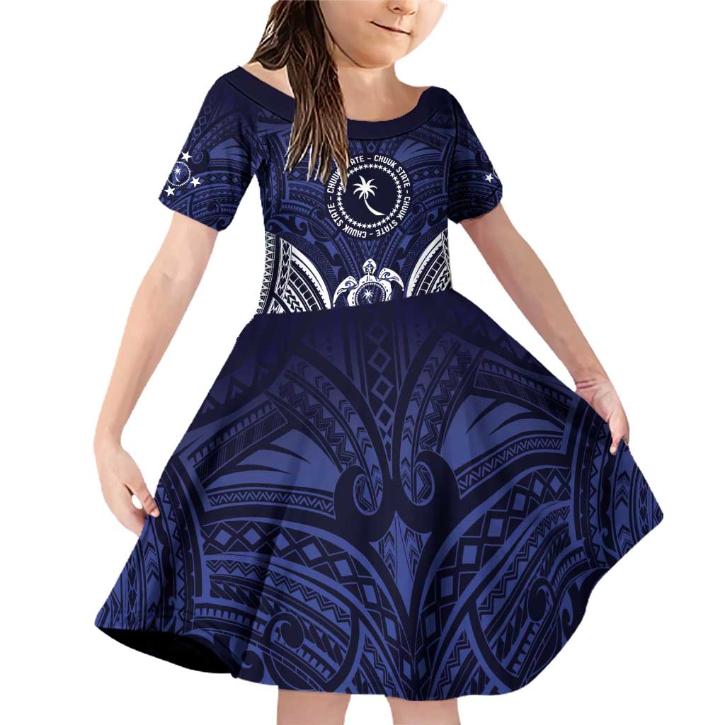 FSM Chuuk States Family Matching Off Shoulder Short Dress and Hawaiian Shirt Micronesia Six 9 One Polynesian Tribal Pattern LT9 Daughter's Dress Blue - Polynesian Pride