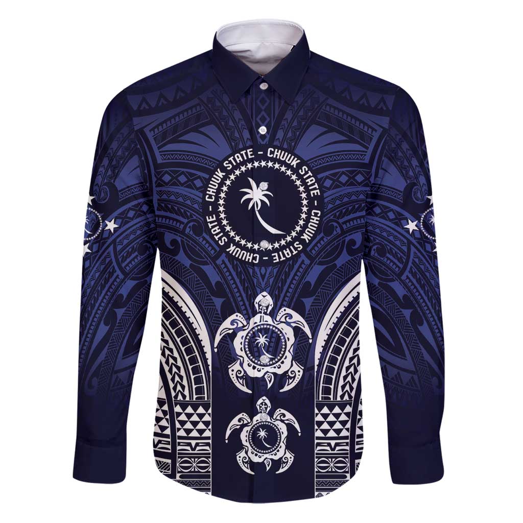 FSM Chuuk States Family Matching Puletasi and Hawaiian Shirt Micronesia Six 9 One Polynesian Tribal Pattern LT9 Dad's Shirt - Long Sleeve Blue - Polynesian Pride