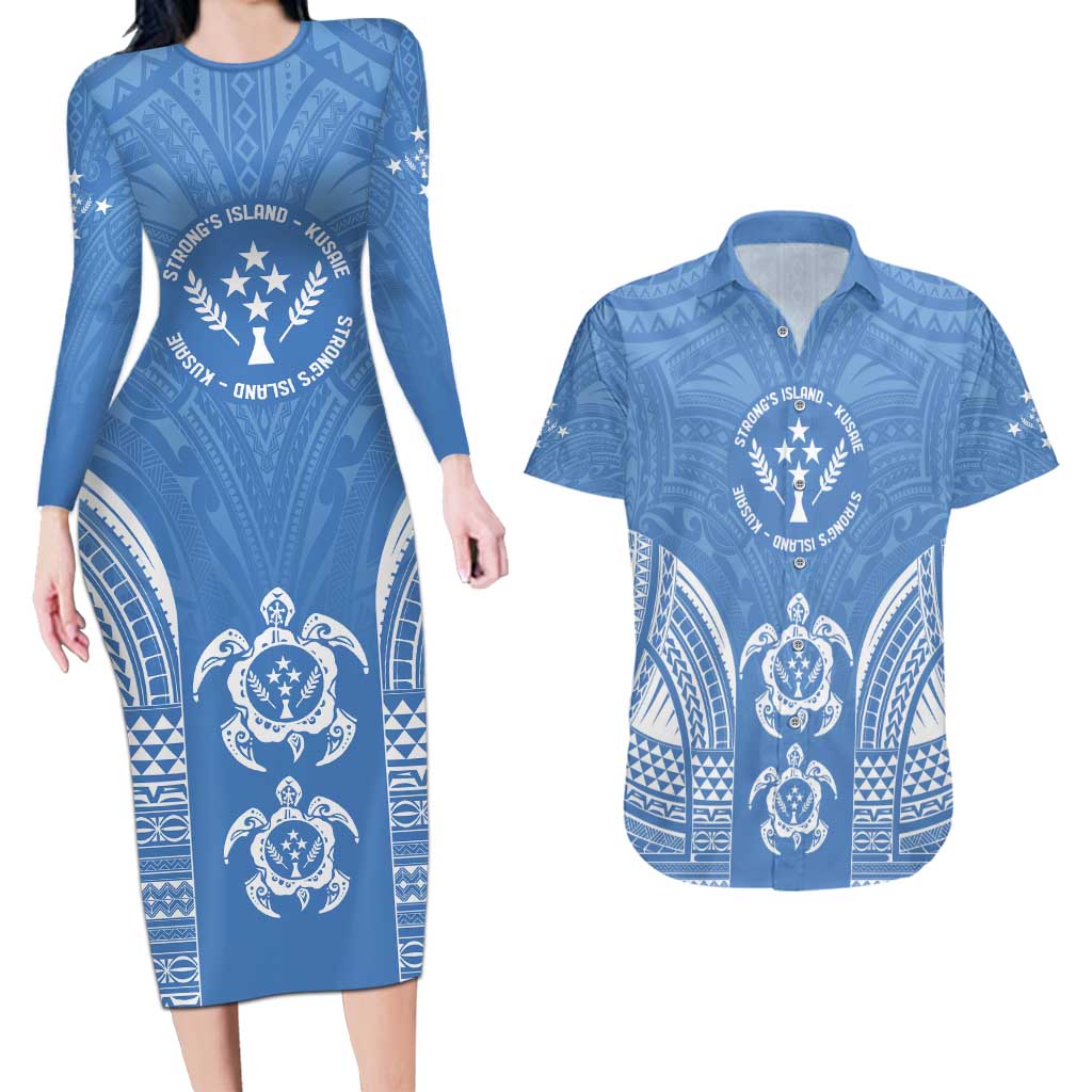FSM Kosrae States Couples Matching Long Sleeve Bodycon Dress and Hawaiian Shirt Micronesia Six 9 One Polynesian Tribal Pattern LT9 Blue - Polynesian Pride