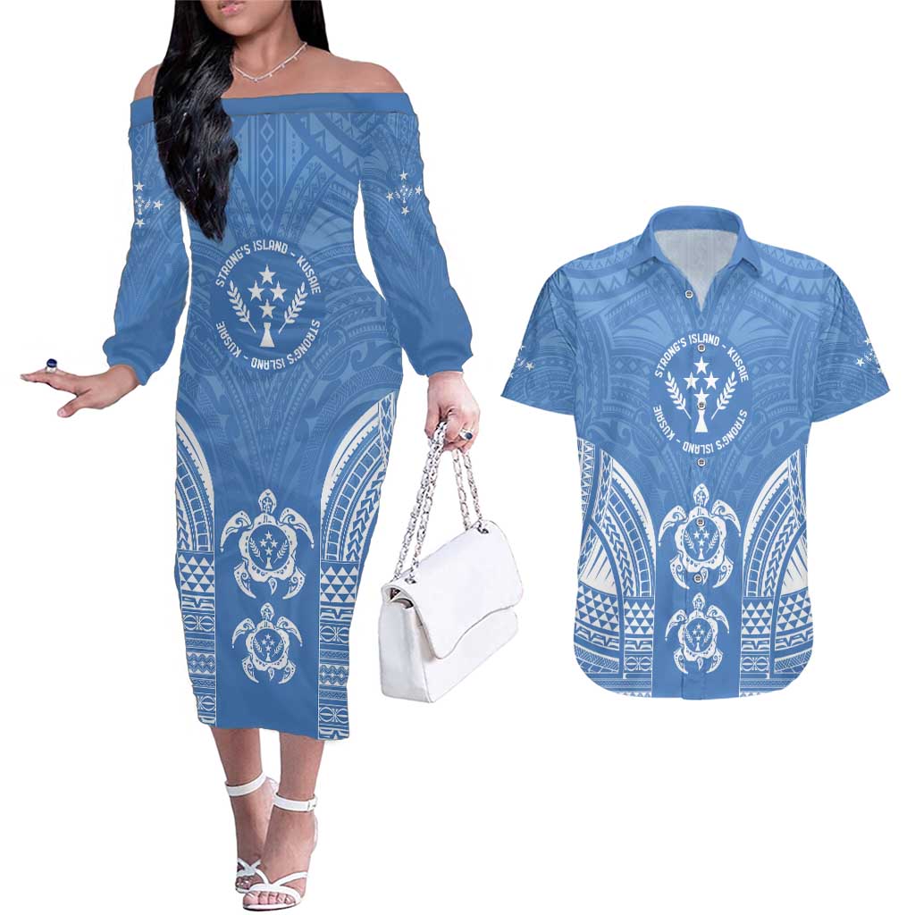 FSM Kosrae States Couples Matching Off The Shoulder Long Sleeve Dress and Hawaiian Shirt Micronesia Six 9 One Polynesian Tribal Pattern LT9 Blue - Polynesian Pride