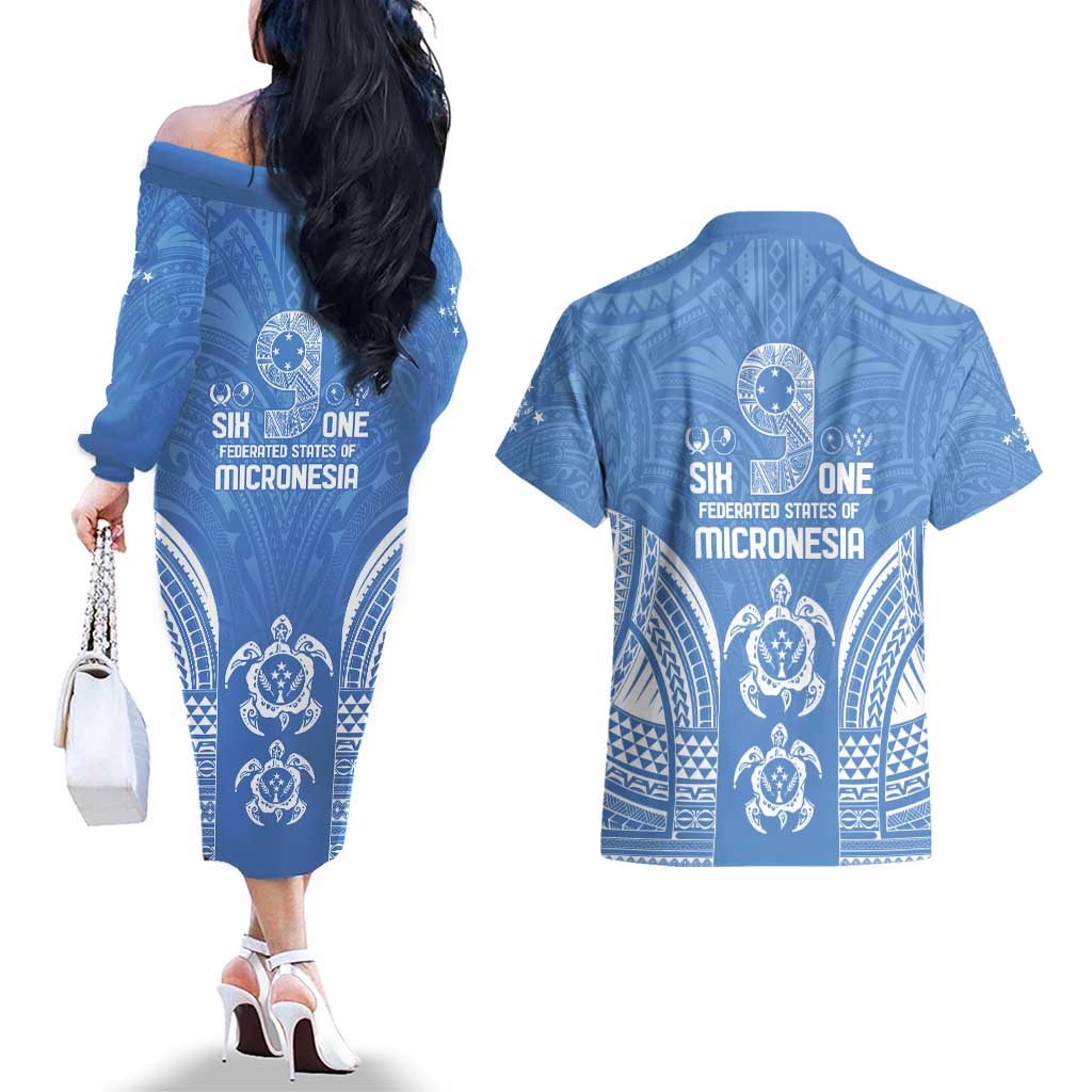 FSM Kosrae States Couples Matching Off The Shoulder Long Sleeve Dress and Hawaiian Shirt Micronesia Six 9 One Polynesian Tribal Pattern LT9 - Polynesian Pride