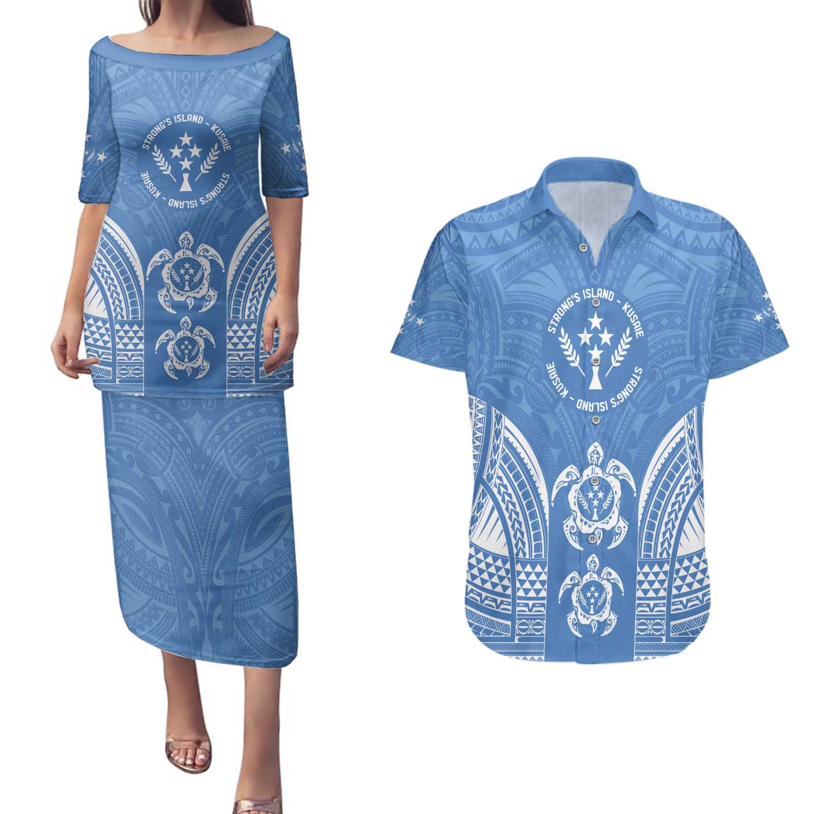 FSM Kosrae States Couples Matching Puletasi and Hawaiian Shirt Micronesia Six 9 One Polynesian Tribal Pattern