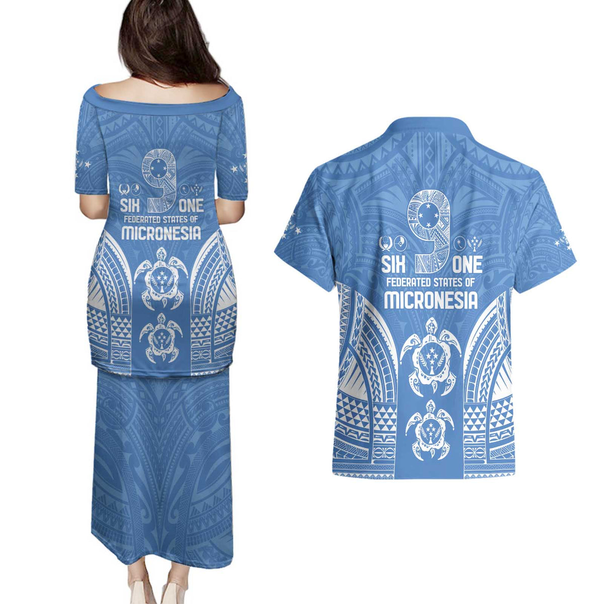 FSM Kosrae States Couples Matching Puletasi and Hawaiian Shirt Micronesia Six 9 One Polynesian Tribal Pattern